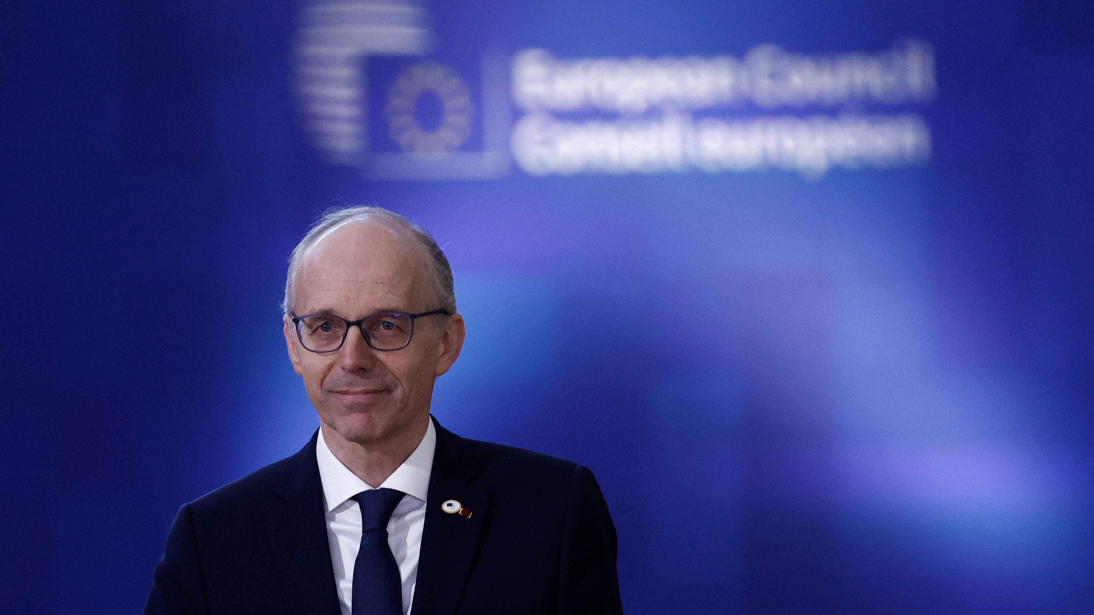Luxembourg's Prime Minister Luc Frieden arrives for a special European Council at the EU headquarters in Brussels on April 17