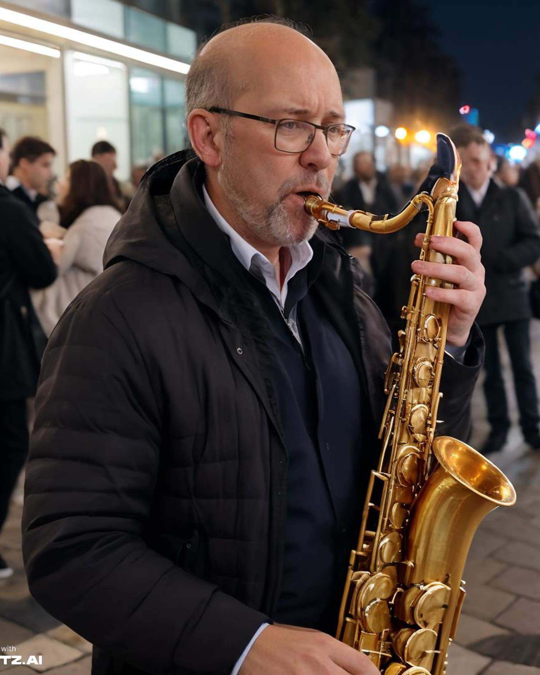 Dieses Foto zeigt Marco Barnig beim Spielen eines Saxophons. Er hat das Bild über LetzAI erstellen lassent. Es ist ein Fake.