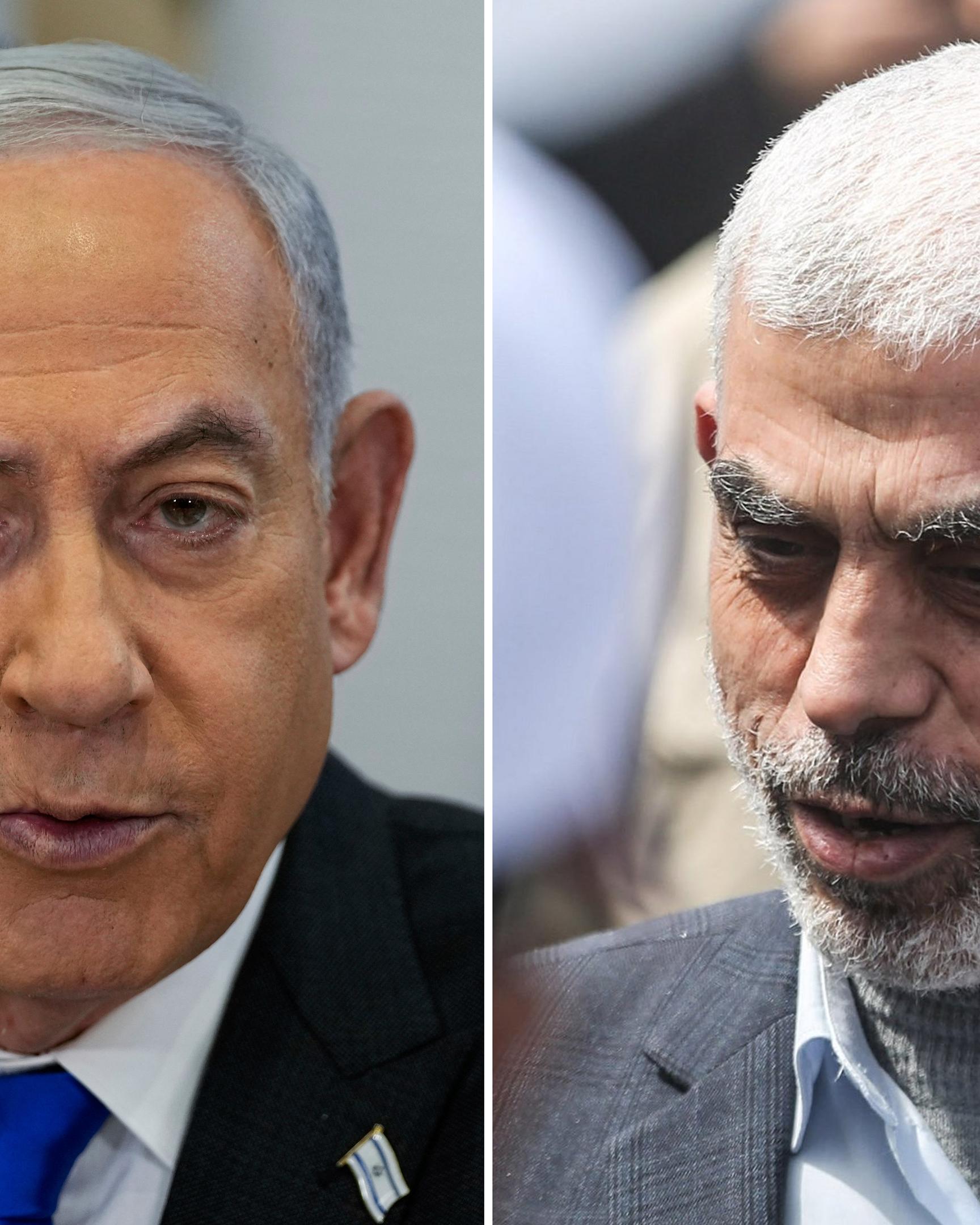 Die Bildkombo zeigt Benjamin Netanjahu, Ministerpräsident von Israel (links) und den Anführer der Terrororganisation Hamas im Gazastreifen, Jihia al-Sinwar.