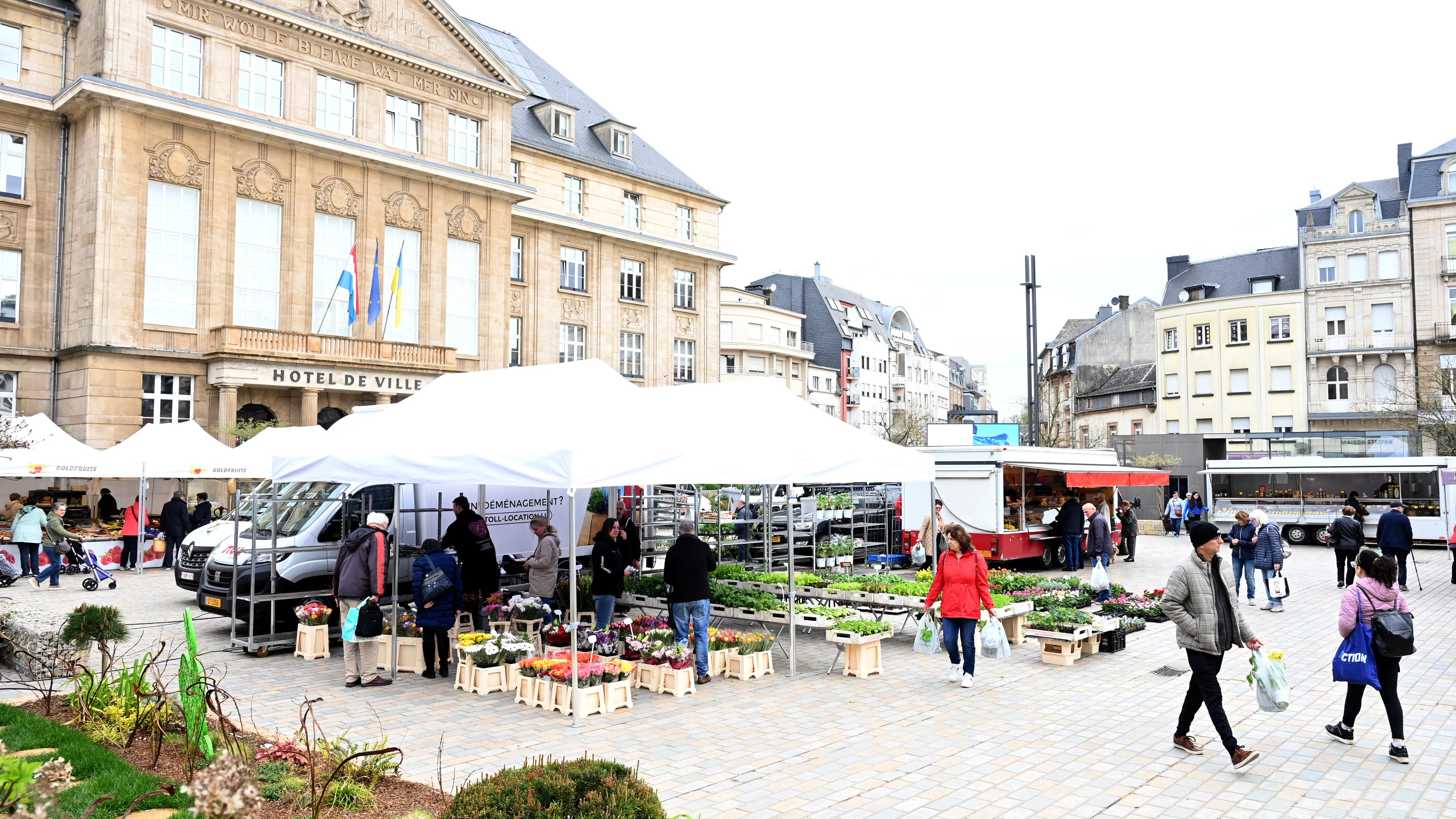 Eigentlich findet der Markt auf dem Rathausplatz statt. Regelmäßig müssen die Stände aber auf den Brillplatz ausweichen.