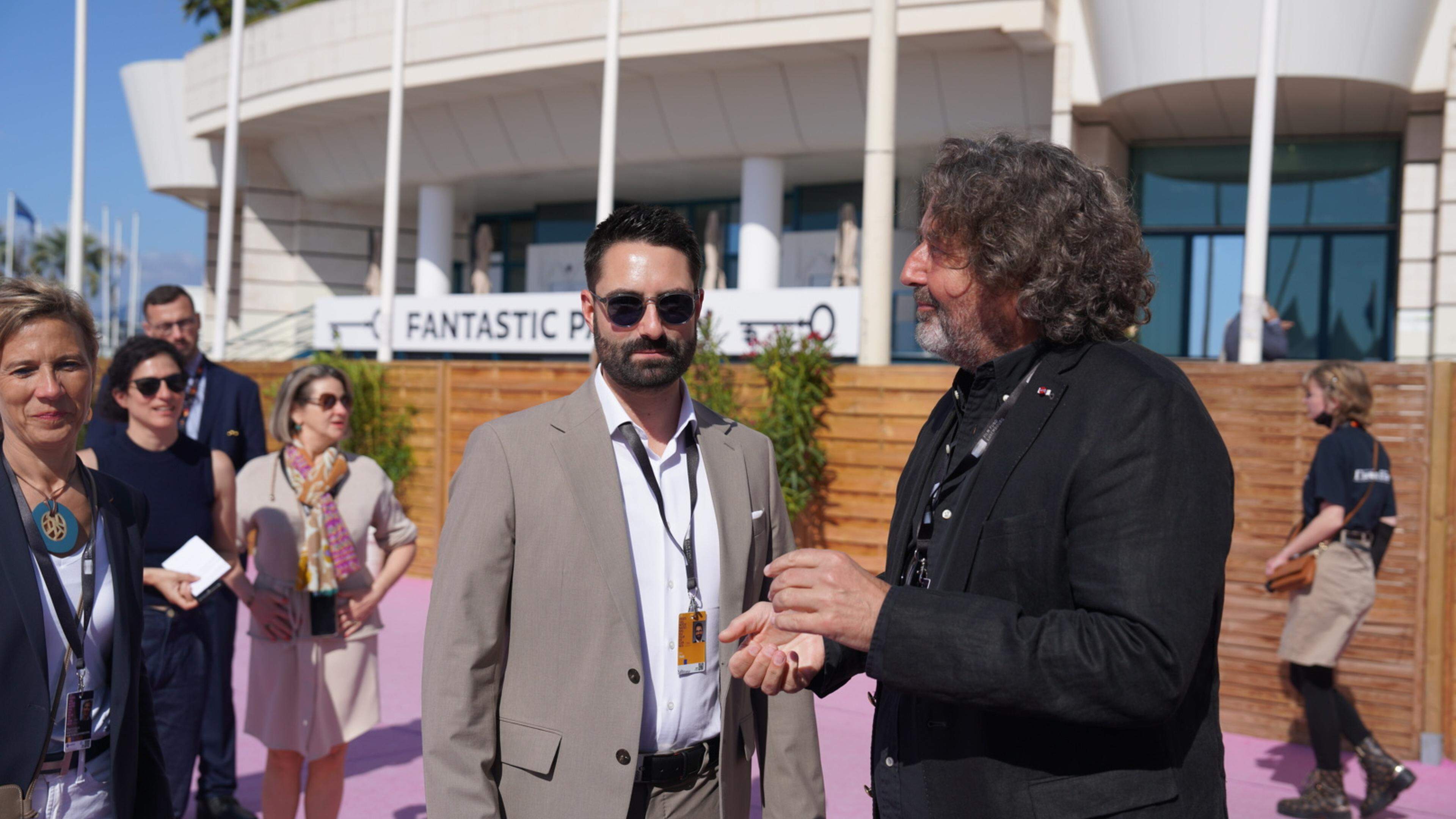 Minister for Culture Eric Thill and Film Fund director Guy Daleiden outside the Luxembourg pavilion at the Cannes Film Festival on Saturday 18 May