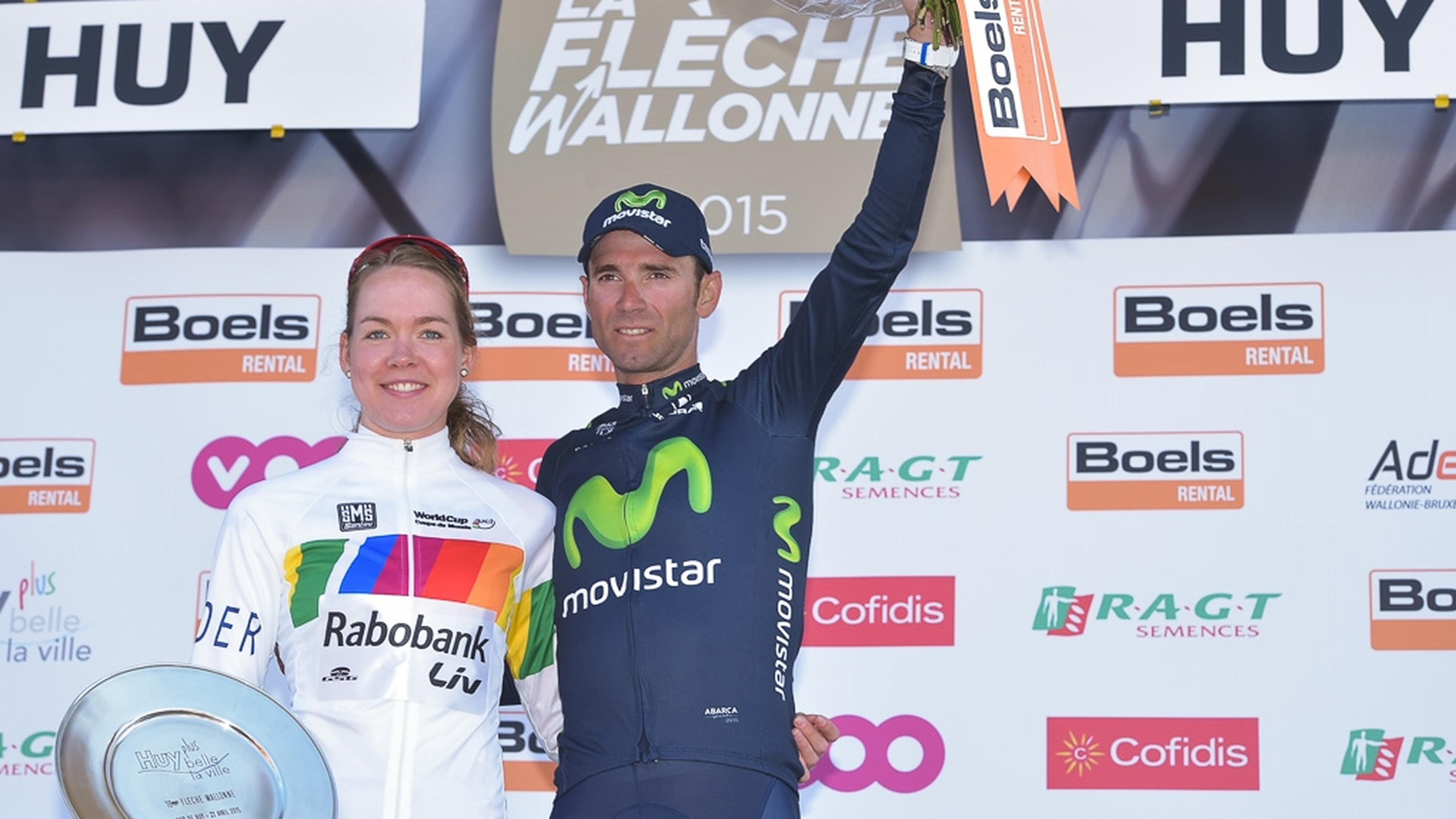 Der Sieger der Flèche Wallonne, Alejandro Valverde (E/Movistar) und die Siegerin des Frauenrennens, Anna Van der Breggen (NL/Rabo-Liv)