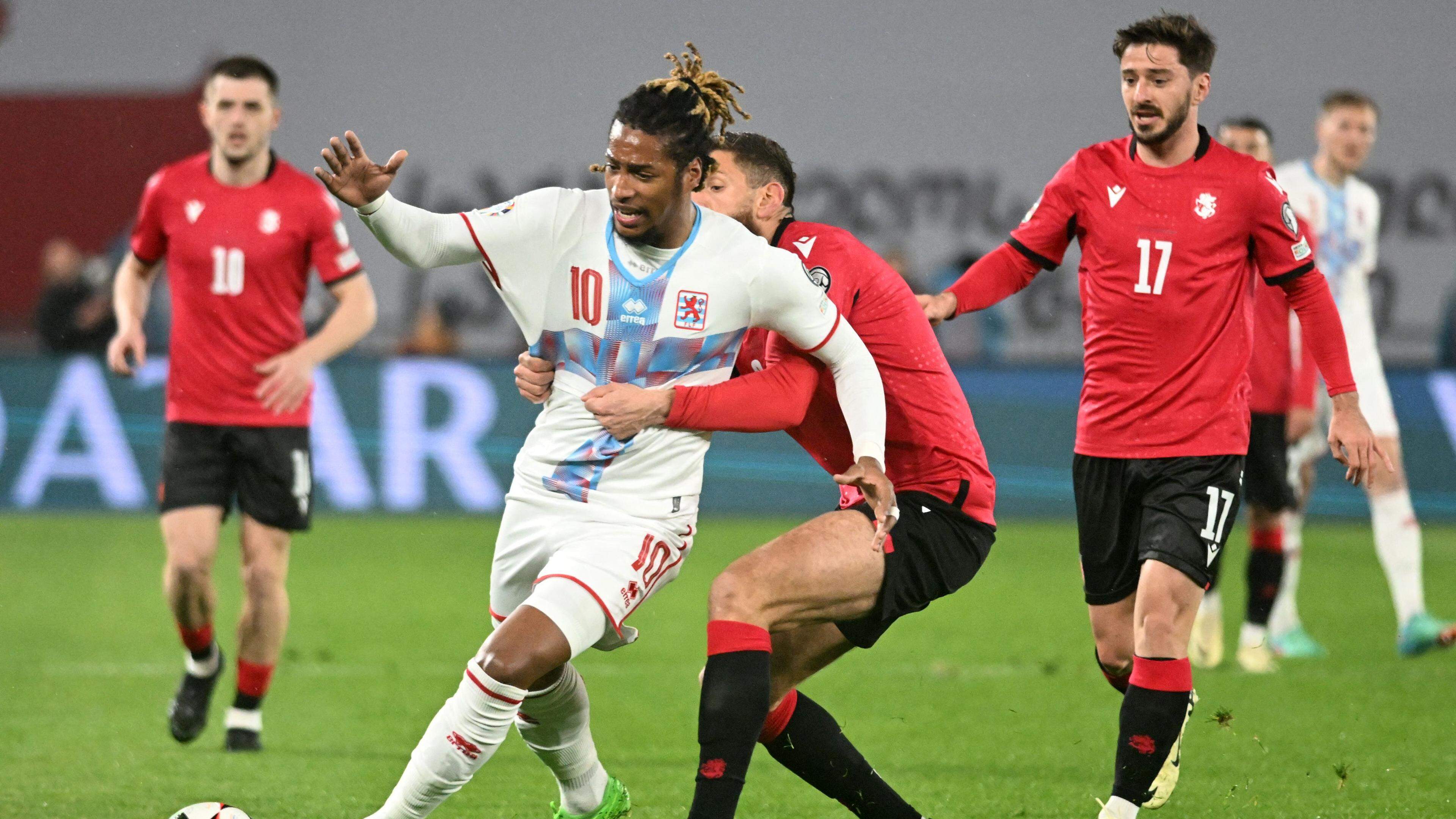 Luxembourg national team footballer Gerson Rodrigues in the white shirt pictures during last week's European Championship qualifier against Georgia.